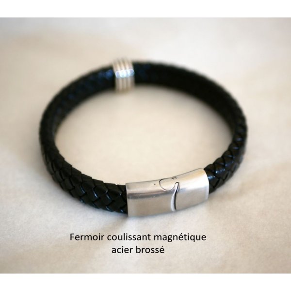 Bracelet cuir noir tressé homme fermoir acier brossé magnétique