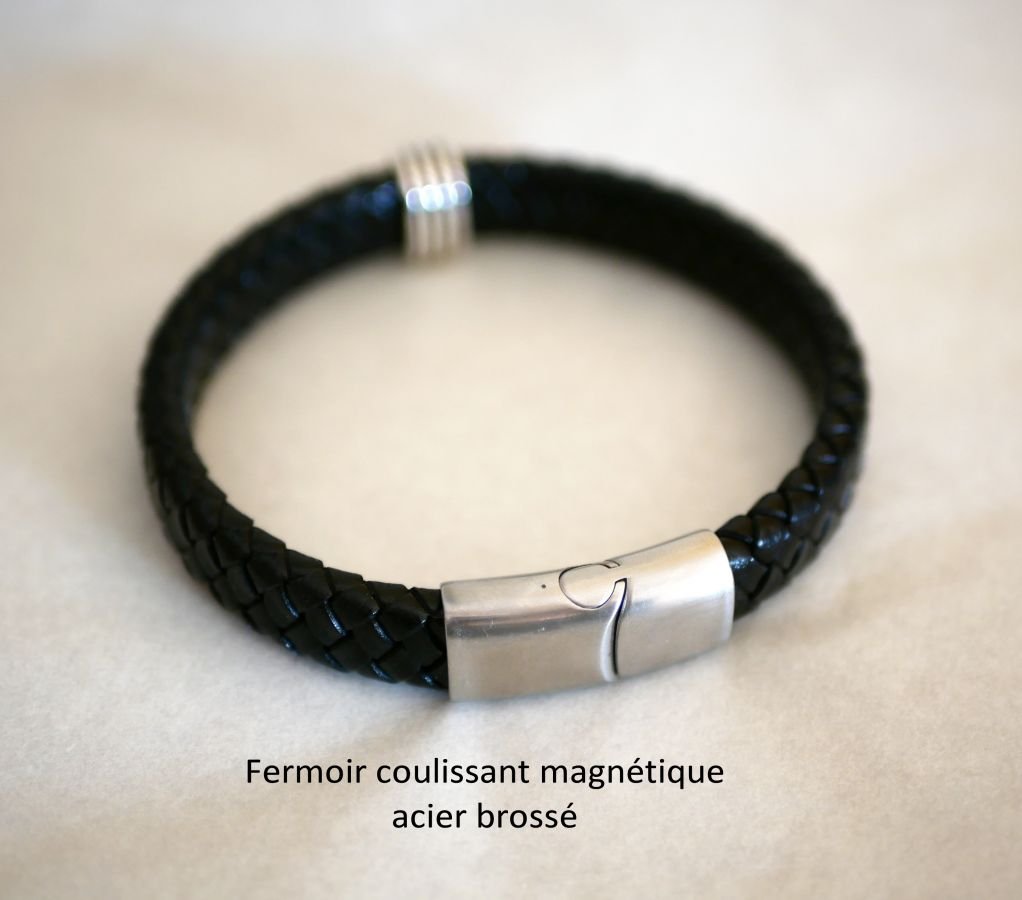 Bracelet cuir noir tressé homme fermoir acier magnétique à glissière