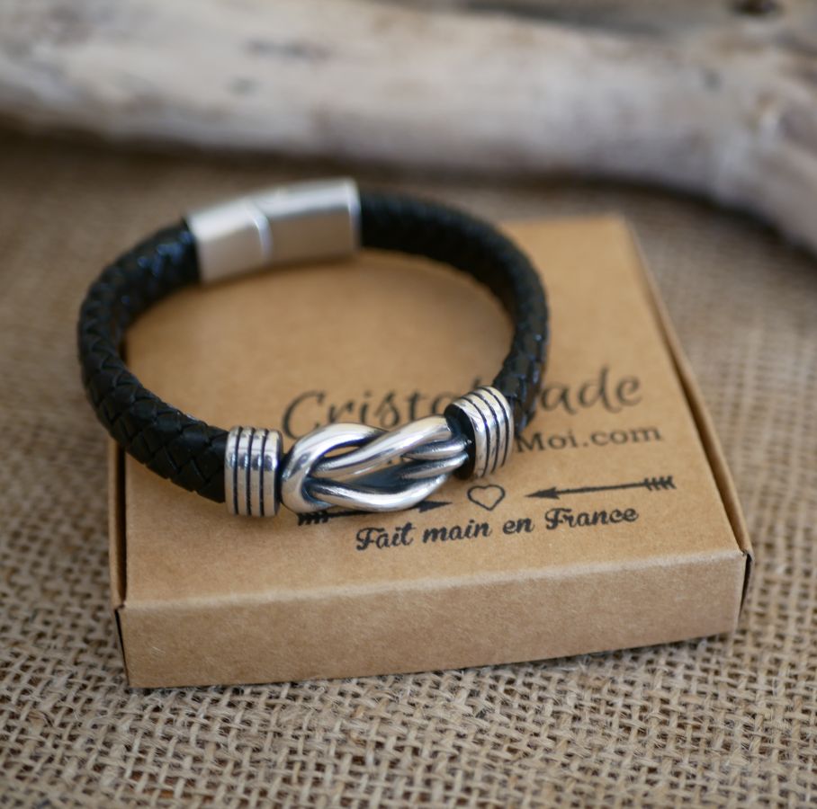 Bracelet cuir noir tressé au noeud celtique fermoir acier brossé magnétique