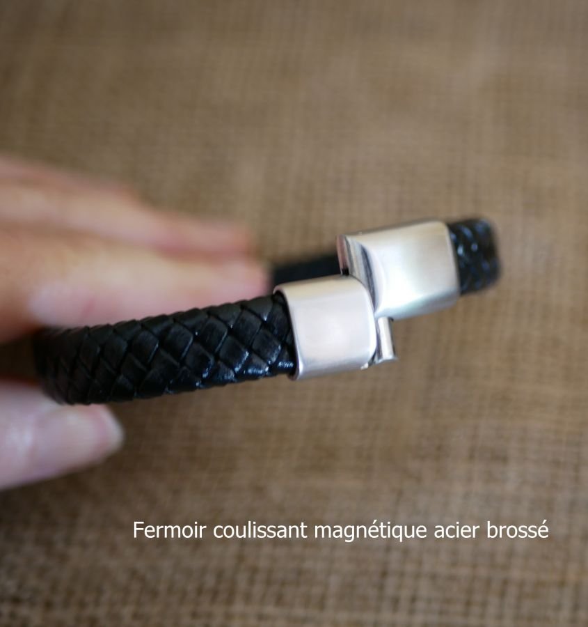 Bracelet cuir noir tressé homme fermoir acier magnétique à glissière