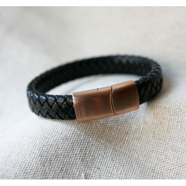 Bracelet cuir noir tress&eacute; fermoir acier Rose Gold magn&eacute;tique