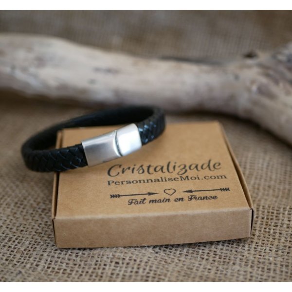 Bracelet cuir noir tressé homme fermoir acier brossé magnétique