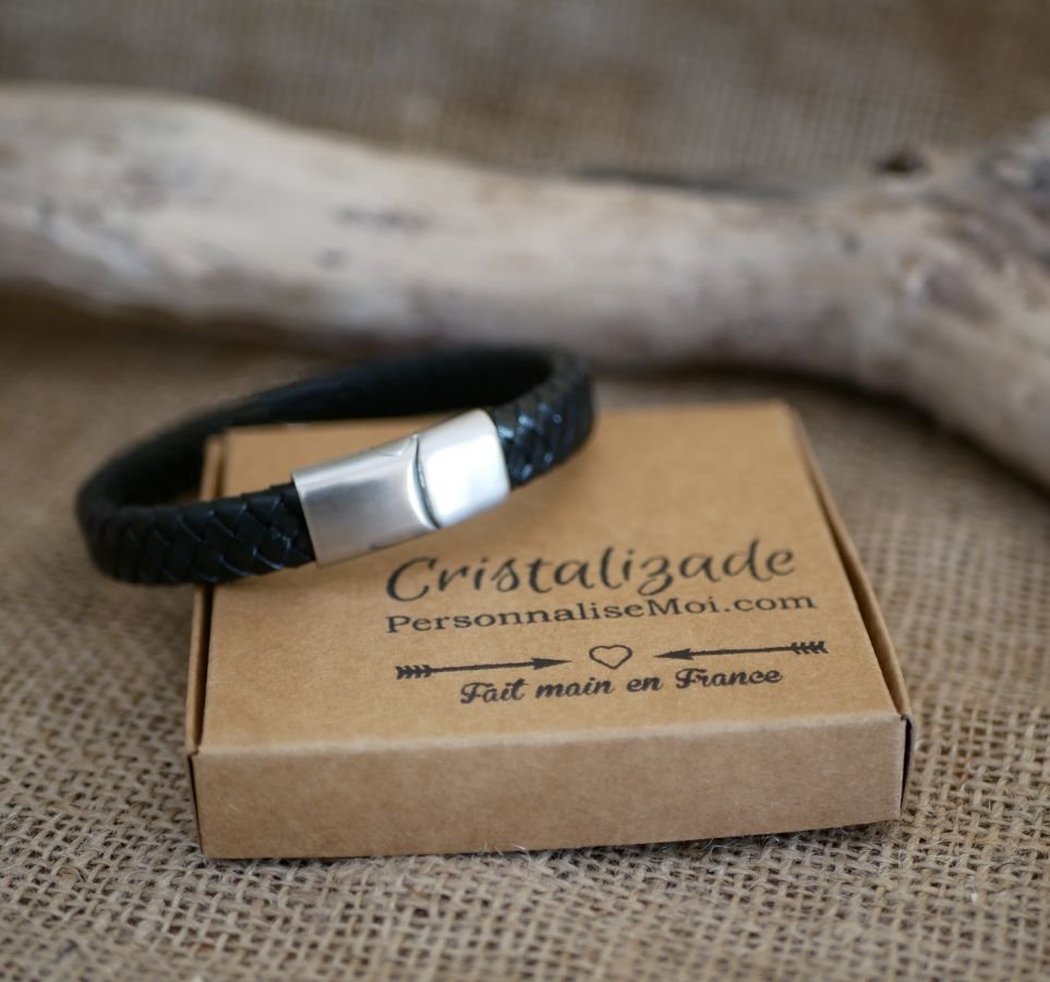 Bracelet cuir noir tressé homme fermoir acier magnétique à glissière