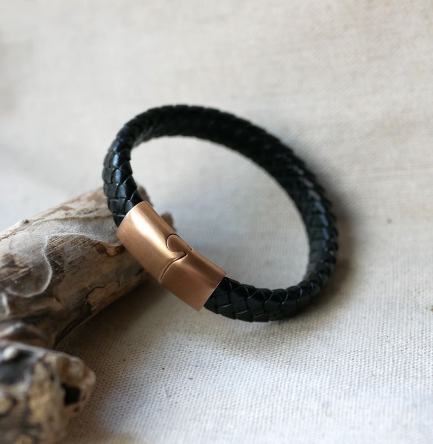 Bracelet cuir noir tressé fermoir acier Rose Gold magnétique