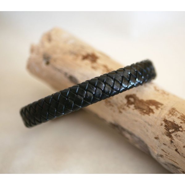 Bracelet cuir noir tressé homme fermoir acier brossé magnétique