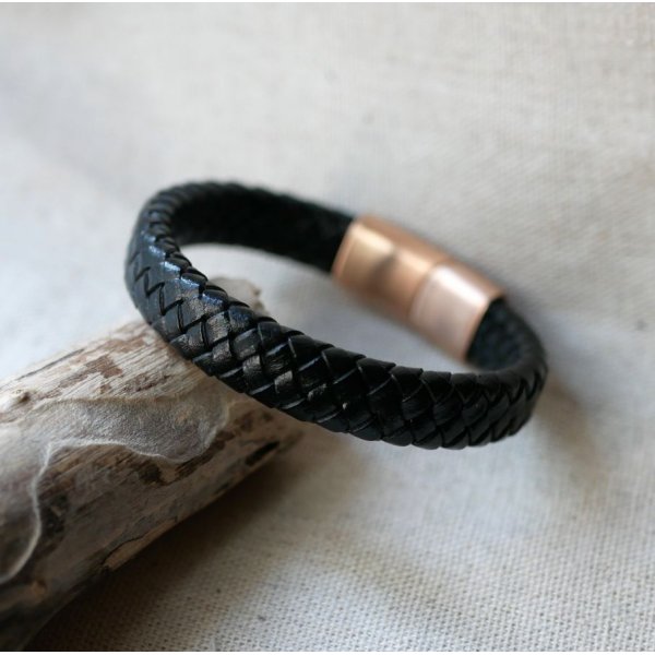 Bracelet cuir noir tress&eacute; fermoir acier Rose Gold magn&eacute;tique