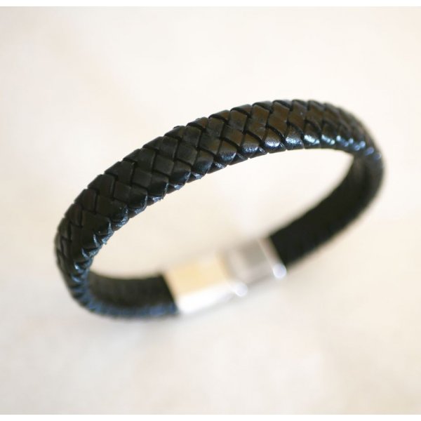 Bracelet cuir noir tressé homme fermoir acier brossé magnétique