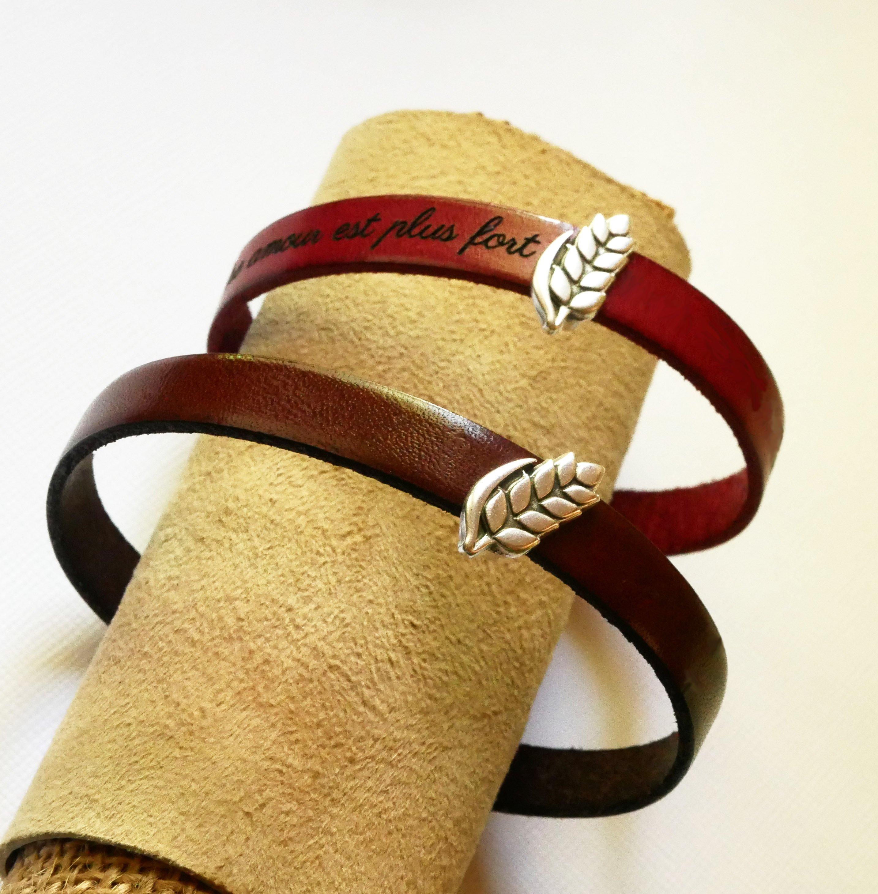 Bracelet cuir et passant Epi de blé personnalisable, noces de froment homme et femme