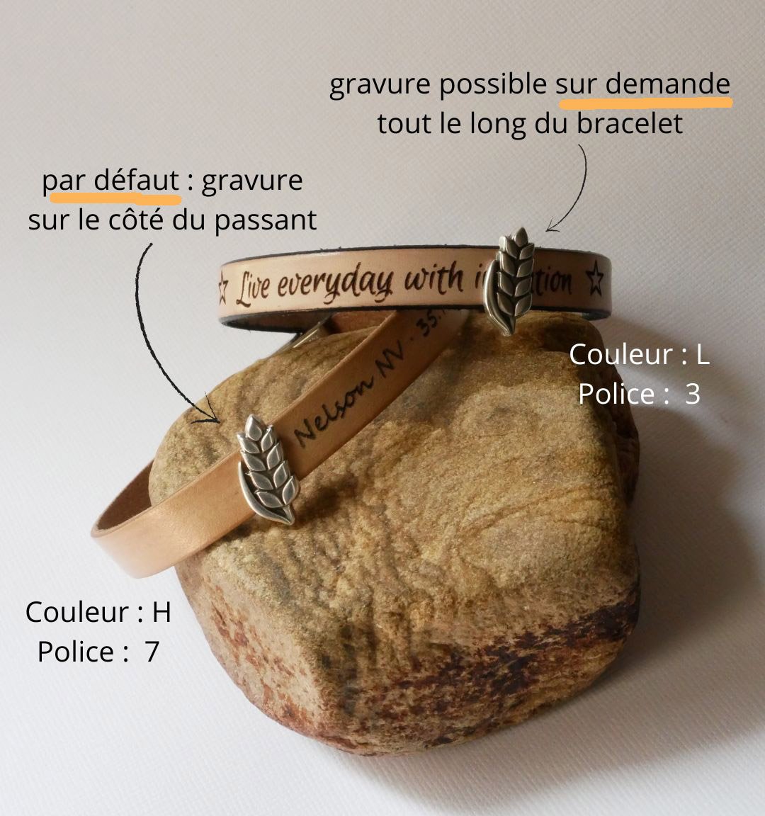 Bracelet cuir et passant Epi de blé personnalisable, noces de froment homme et femme