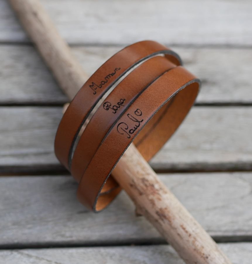 Bracelet cuir personnalisable par gravure d'écriture manuscrite en simple, double ou triple tour