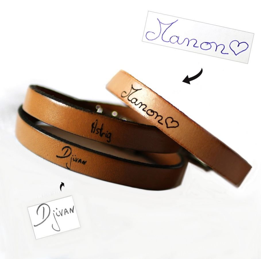 Bracelet cuir personnalisable par gravure d'écriture manuscrite en simple, double ou triple tour