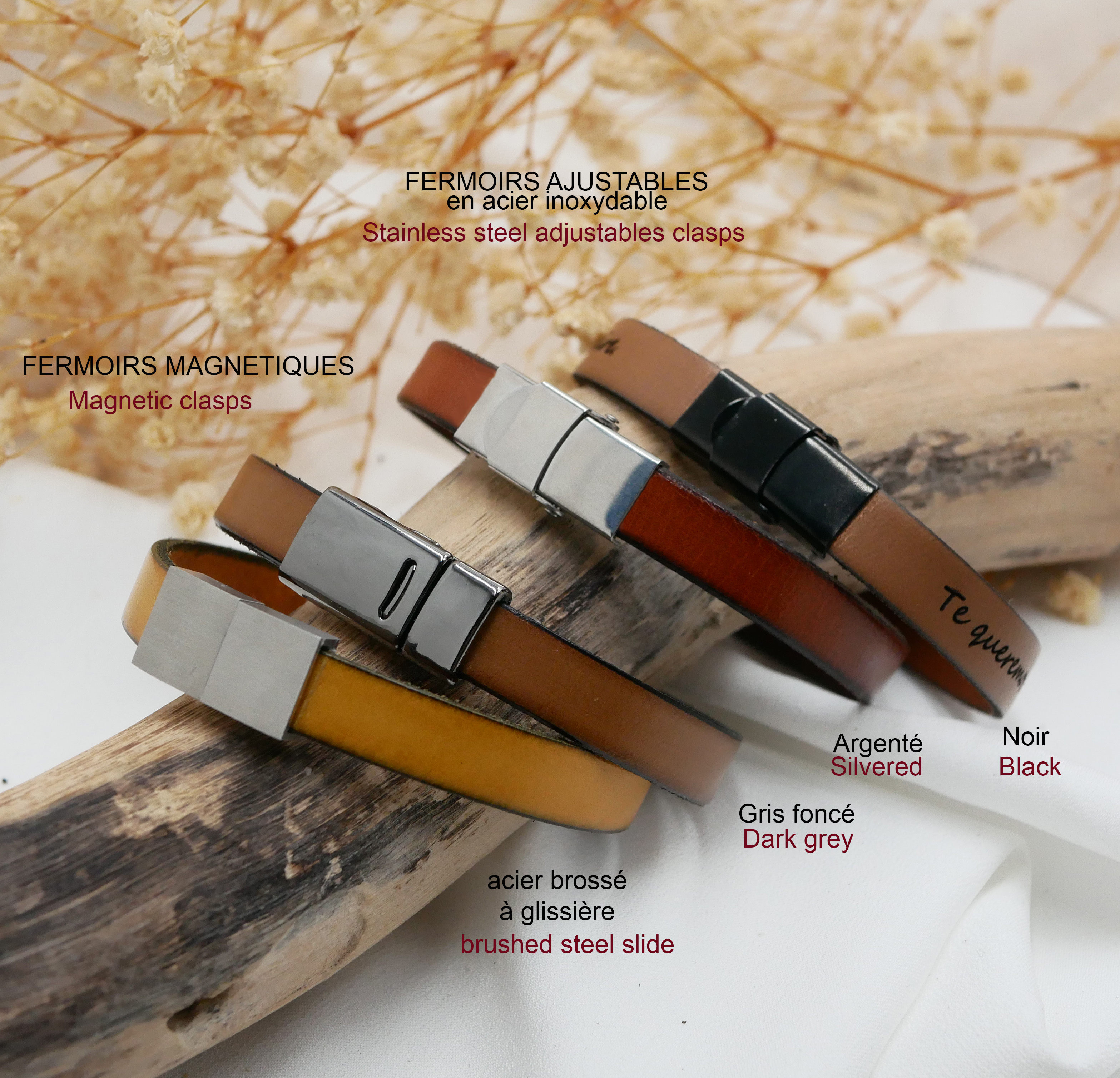 Bracelet cuir personnalisable avec ornement central ovale encadré de cuirs fins 