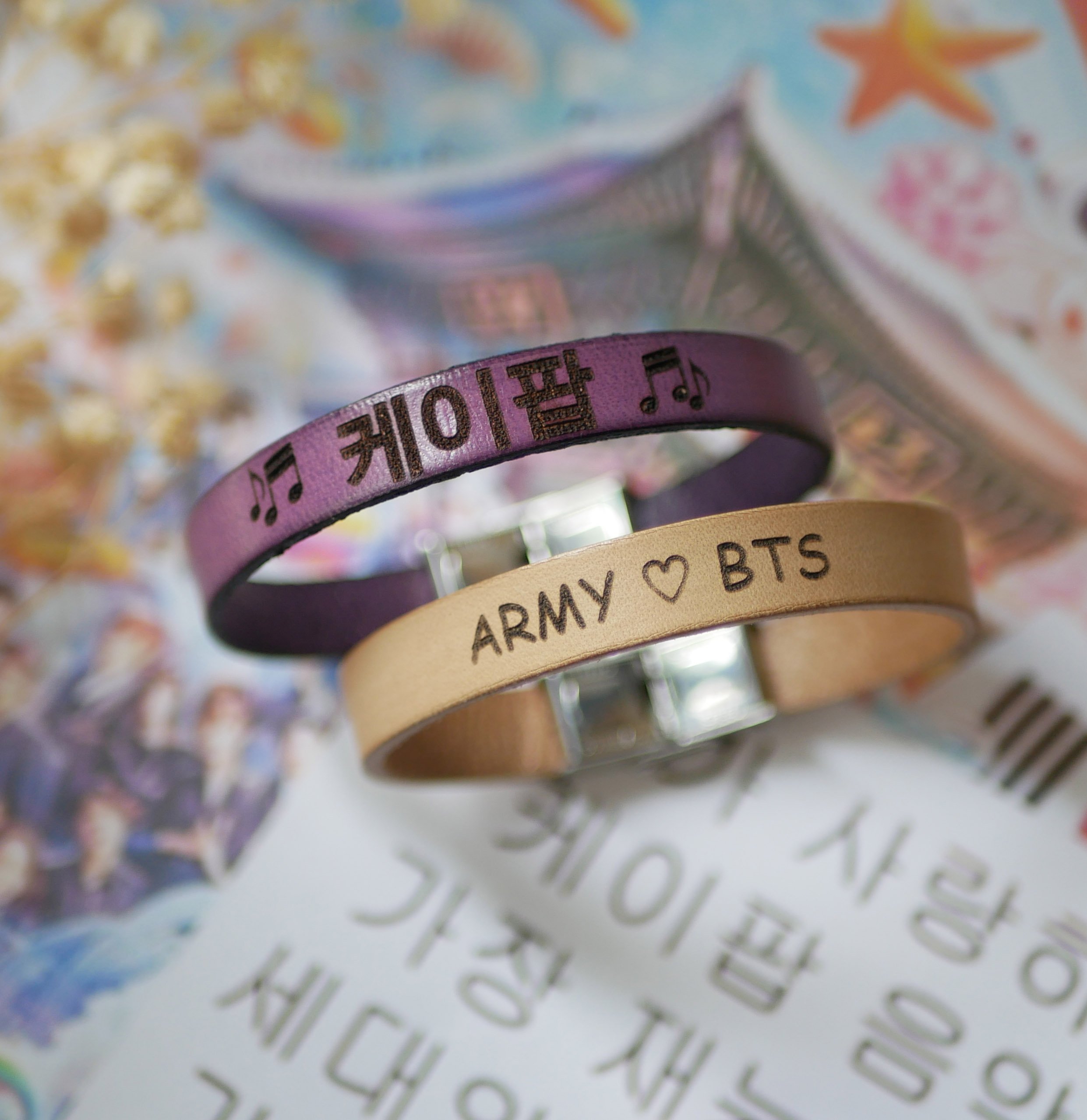Bracelet pr&eacute;nom en cor&eacute;en fan de kpop en cuir &agrave; personnaliser