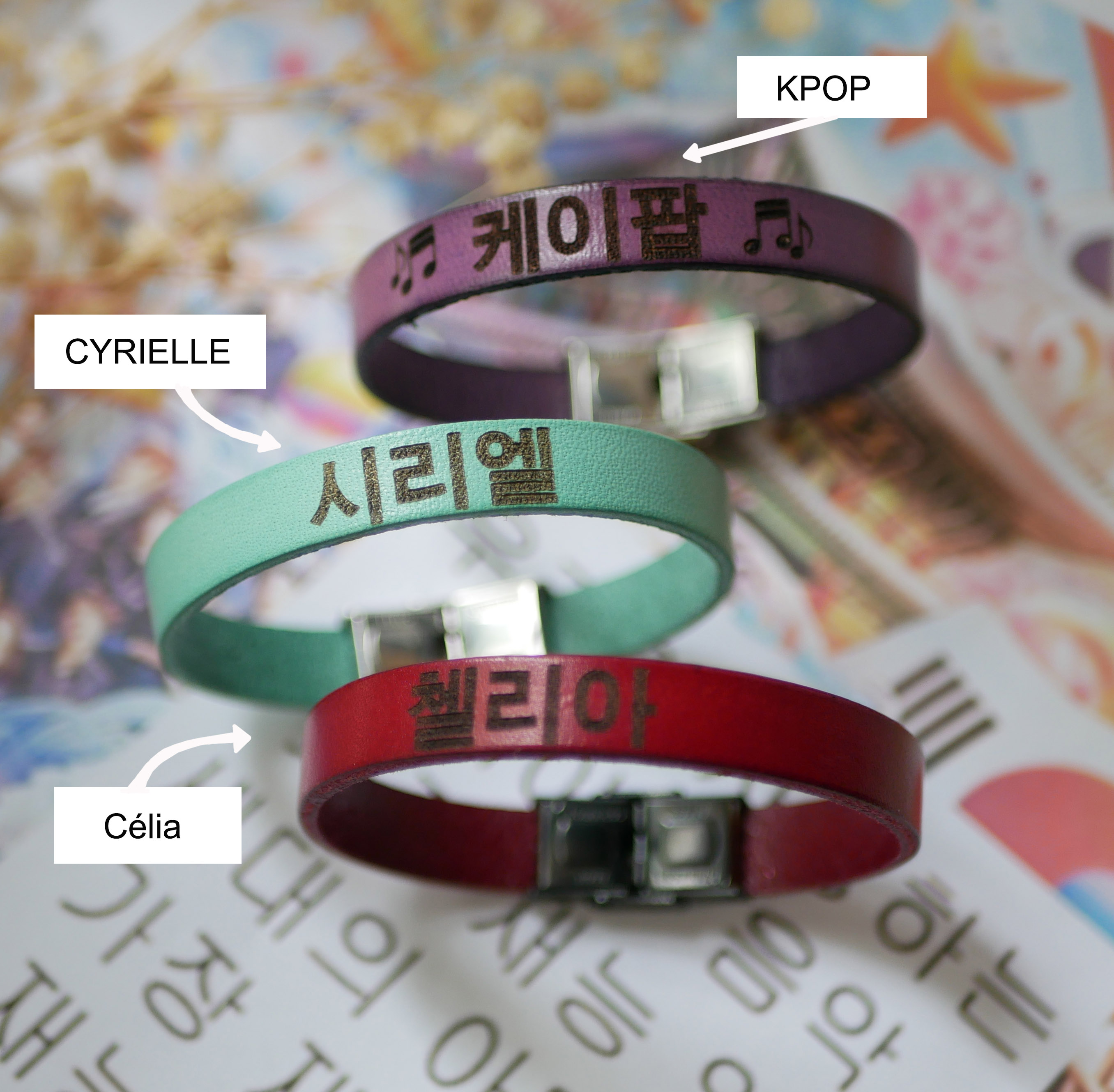 Bracelet prénom en coréen fan de kpop en cuir à personnaliser
