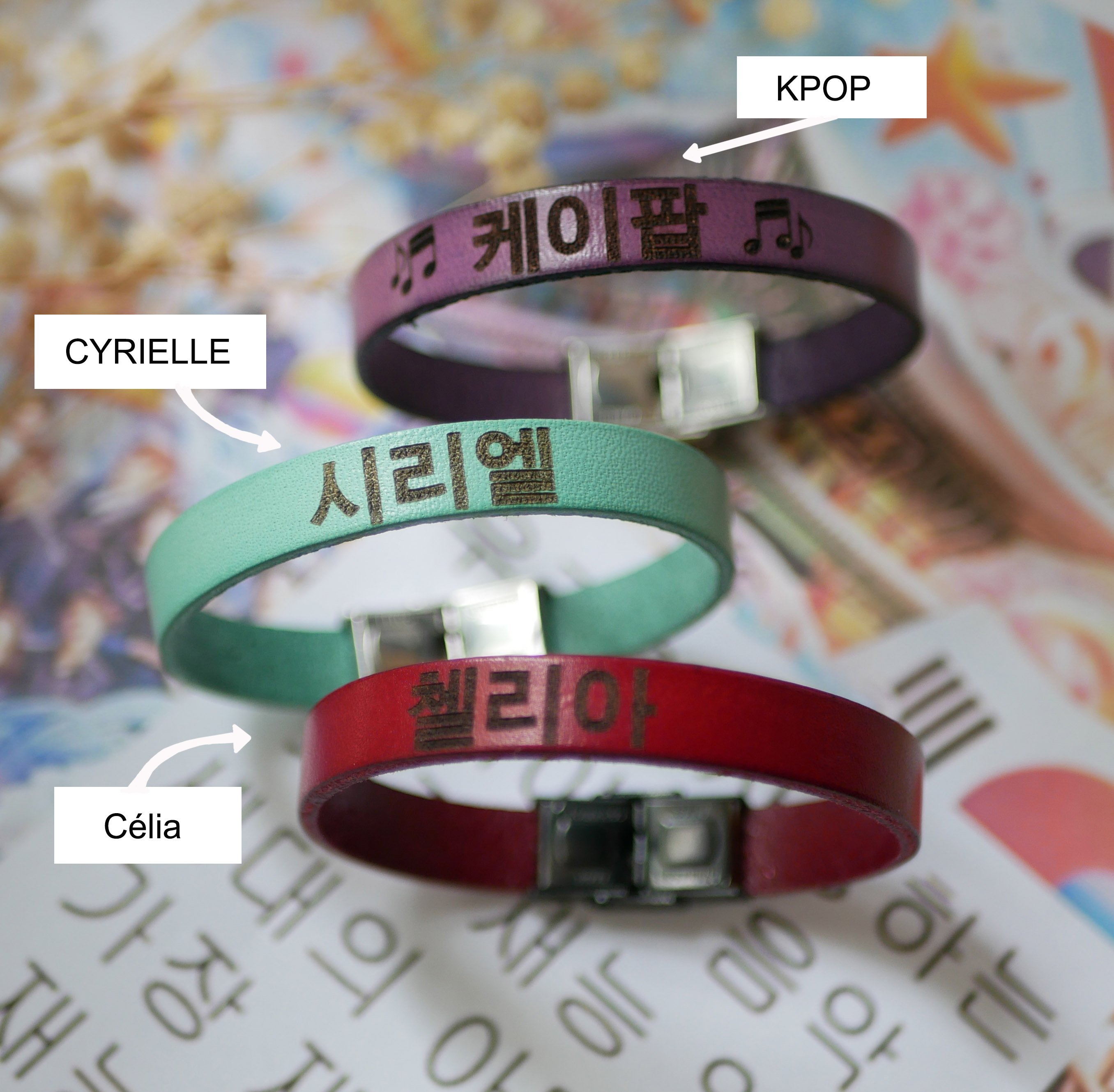 Bracelet pr&eacute;nom en cor&eacute;en fan de kpop en cuir &agrave; personnaliser