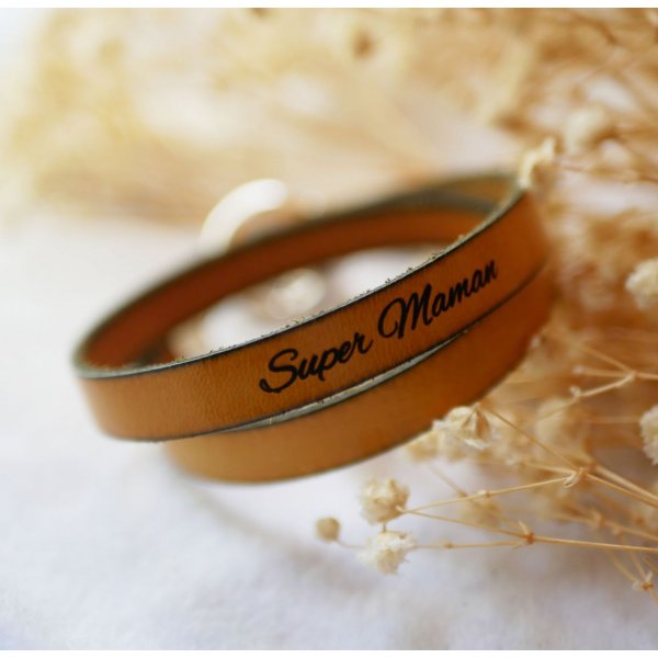 Bracelet cuir double tour à l'élégant fermoir en T argenté personnalisable