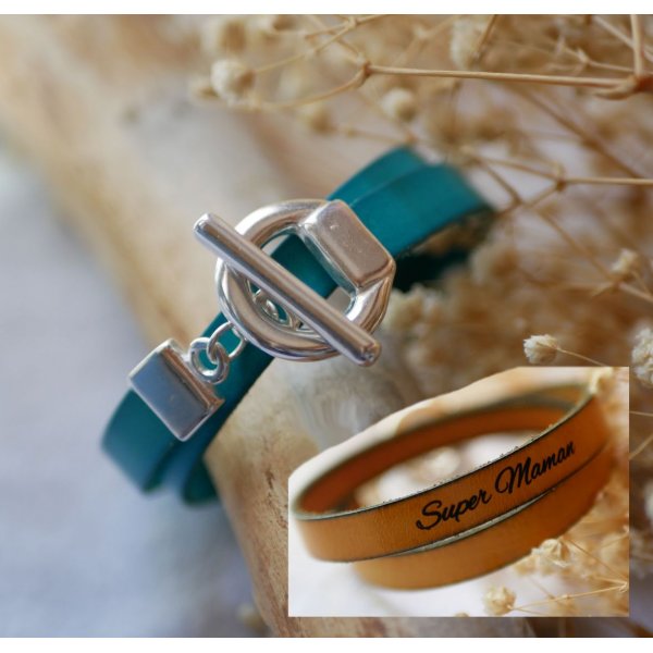 Bracelet cuir double tour à l'élégant fermoir en T argenté personnalisable