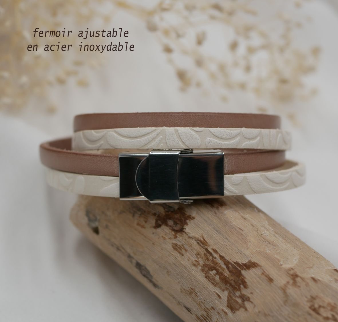 Bracelet double cuir blanc à relief et  couleur au choix à personnaliser par gravure