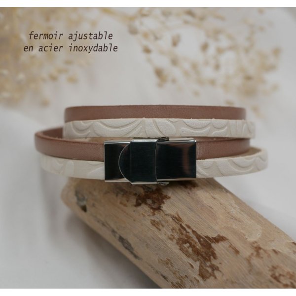 Bracelet double cuir blanc à relief et  couleur au choix à personnaliser par gravure