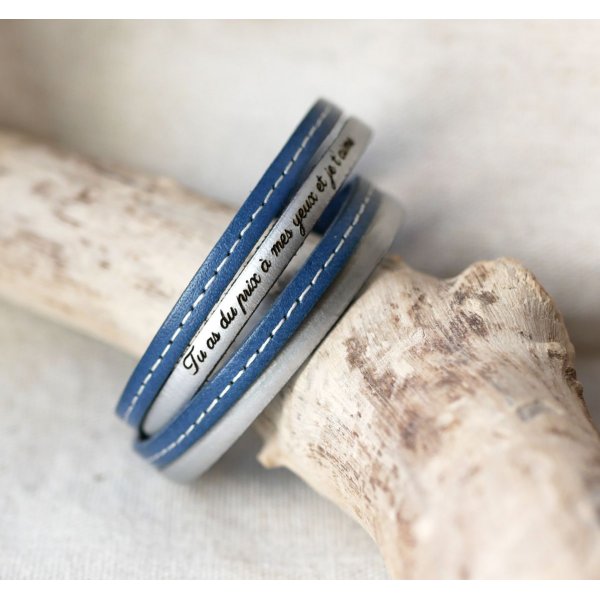 Bracelet double cuir bleu &agrave; surpiq&ucirc;res  au fermoir magn&eacute;tique