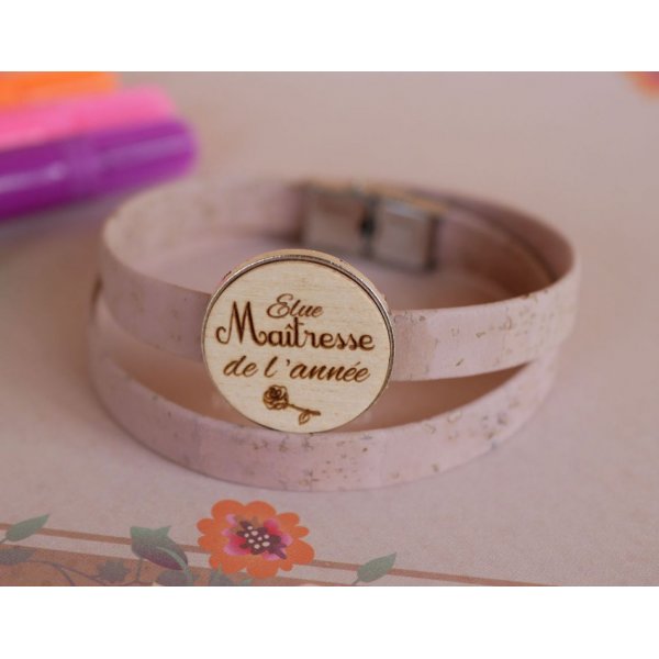 Bracelet double cuir avec cabochon bois gravé à personnaliser