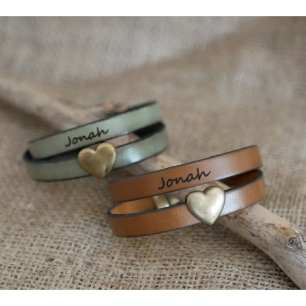 Bracelet double cuir et coeur bronze, gravure possible de vos mots