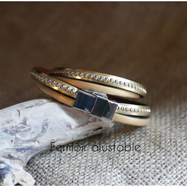 Bracelet cuir double grav&eacute; dor&eacute; aux billes argent&eacute;es personnalisable