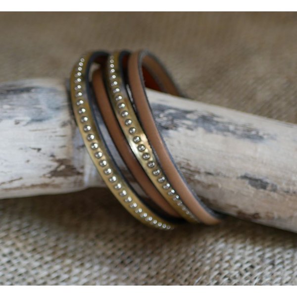 Bracelet cuir double grav&eacute; dor&eacute; aux billes argent&eacute;es personnalisable