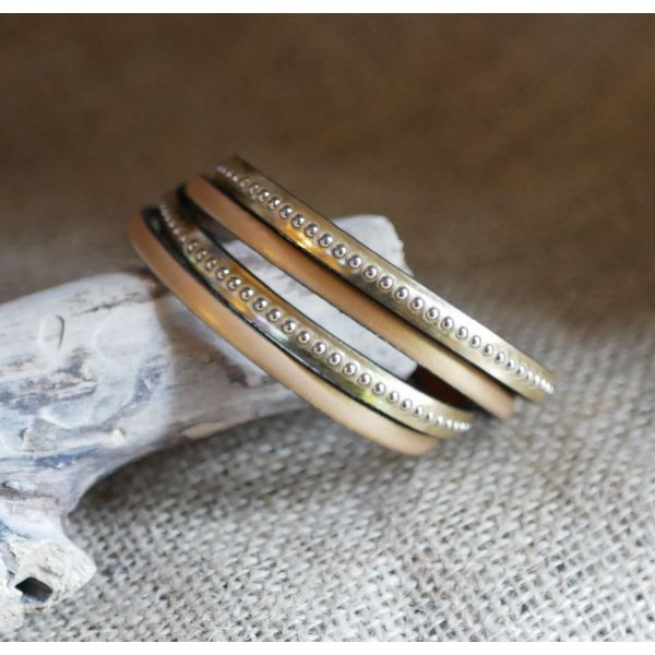 Bracelet cuir double grav&eacute; dor&eacute; aux billes argent&eacute;es personnalisable