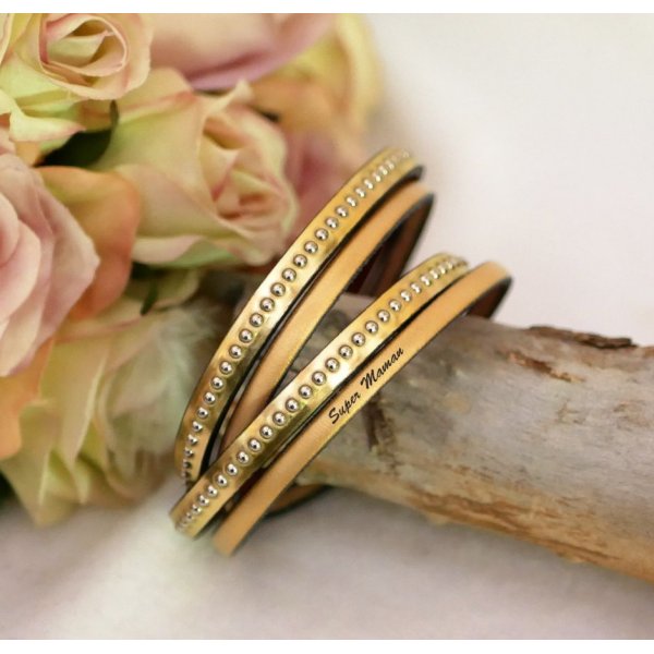 Bracelet cuir double grav&eacute; dor&eacute; aux billes argent&eacute;es personnalisable