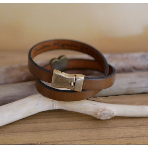 Bracelet double cuir et coeur bronze, gravure possible de vos mots
