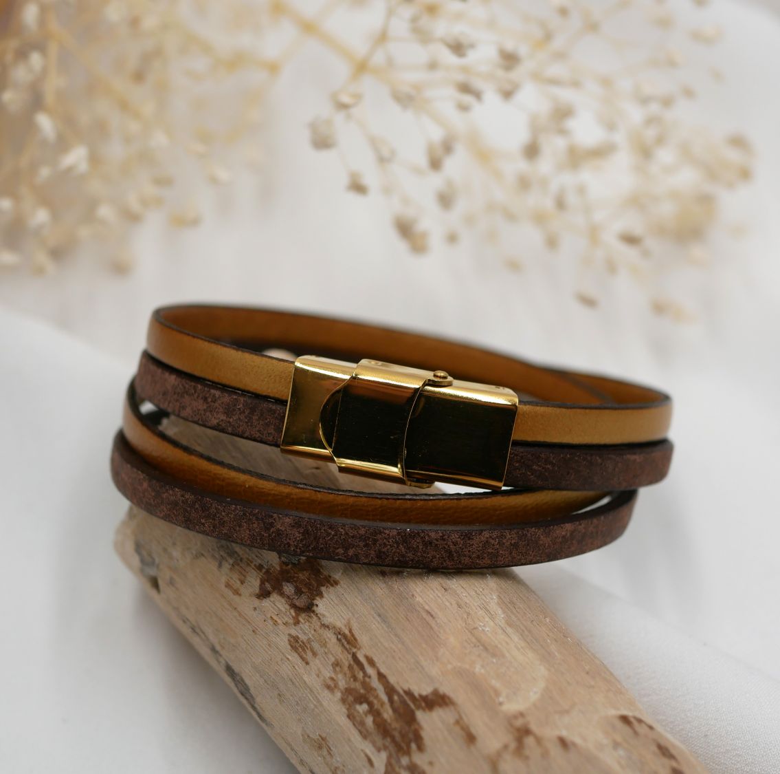 Bracelet double cuir marron vintage et une couleur au choix à personnaliser par gravure
