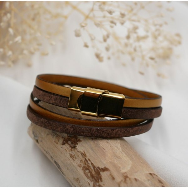 Bracelet double cuir marron vintage et une couleur au choix à personnaliser par gravure
