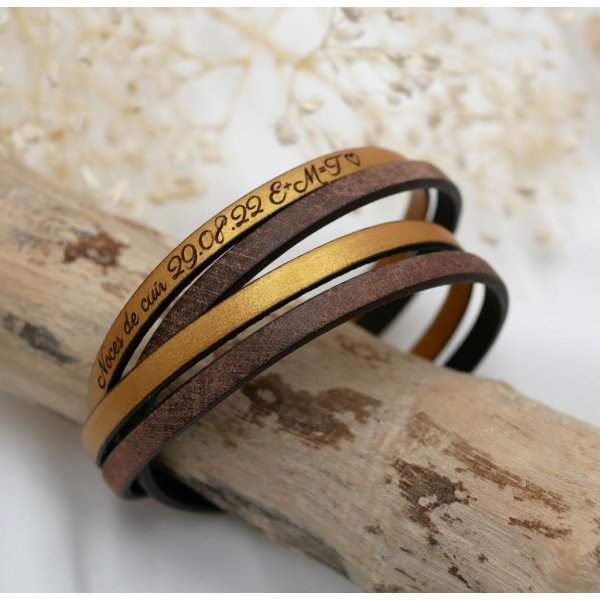 Bracelet double cuir marron vintage et une couleur au choix à personnaliser par gravure