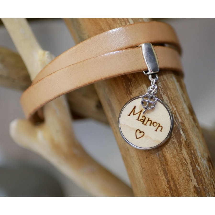 Bracelet double cuir personnalisé avec Cabochon en bois à graver