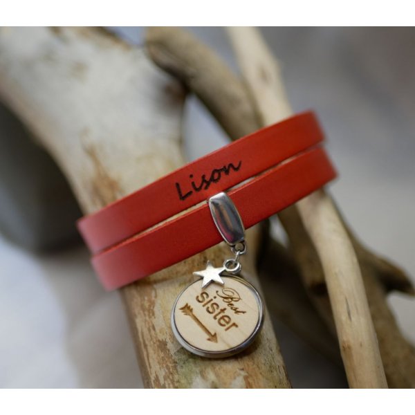 Bracelet double cuir personnalisé avec Cabochon en bois à graver