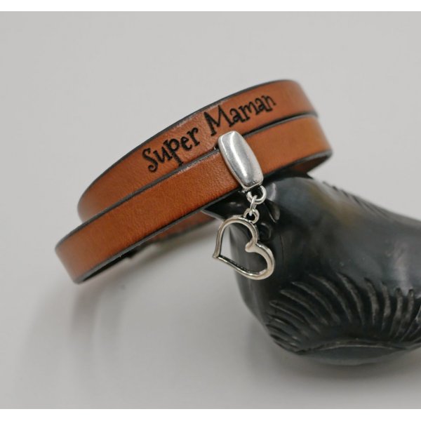Bracelet double cuir personnalisé à graver avec pendentif au choix