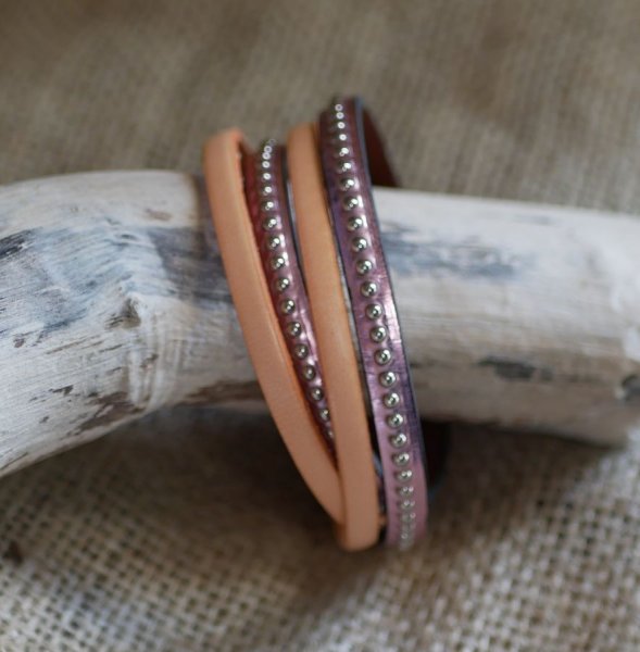 Bracelet cuir double personnalis&eacute; par gravure rose m&eacute;talis&eacute; 
