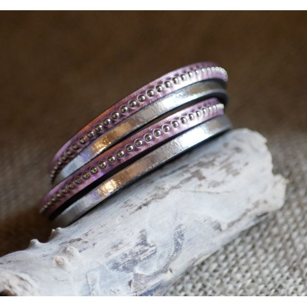 Bracelet cuir double personnalis&eacute; par gravure rose m&eacute;talis&eacute; 
