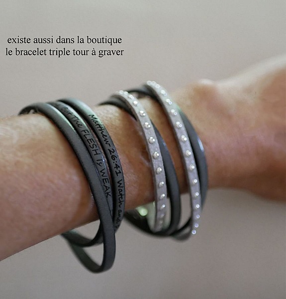 Bracelet double tour cuir et su&eacute;dine gris personnalisable pour femme