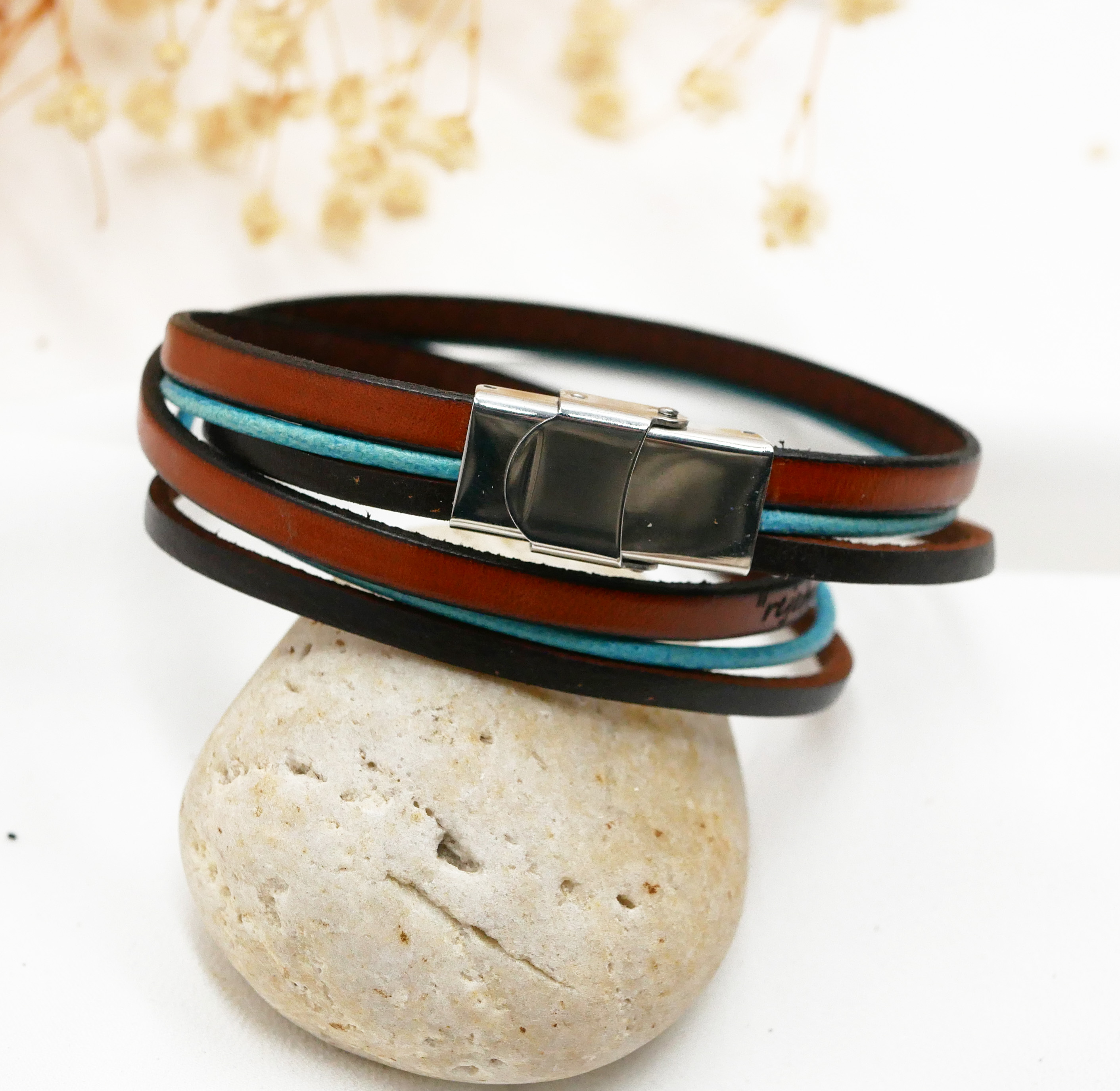 Bracelet double tour multi cuirs turquoise et marron vintage