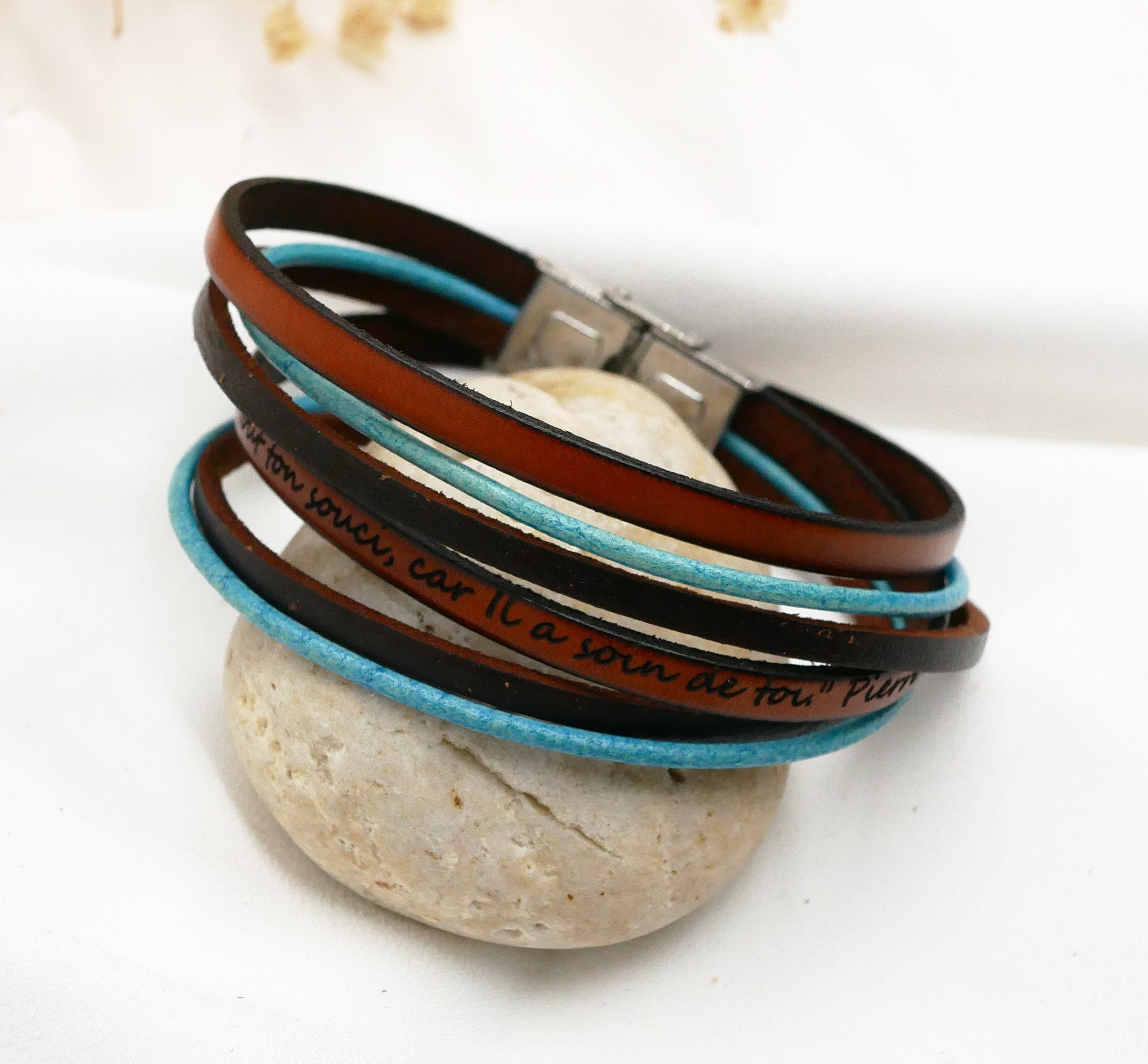 Bracelet double tour multi cuirs turquoise et marron vintage