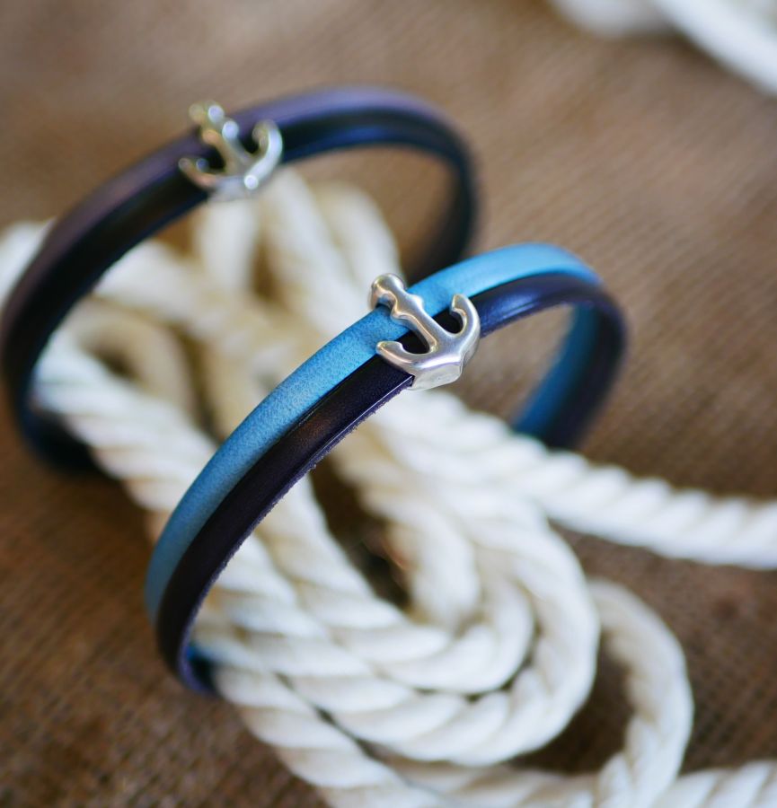 Bracelet duo de cuir décor Ancre Marine gravé personnalisé