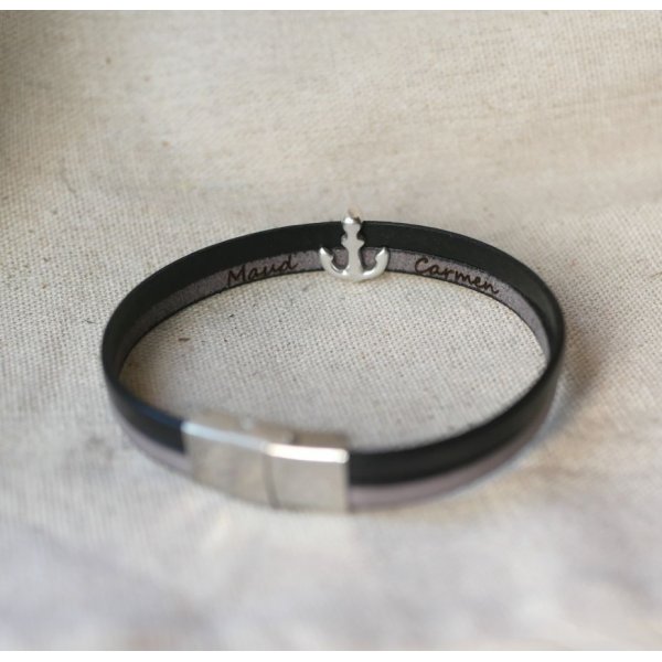 Bracelet duo de cuir décor Ancre Marine gravé personnalisé