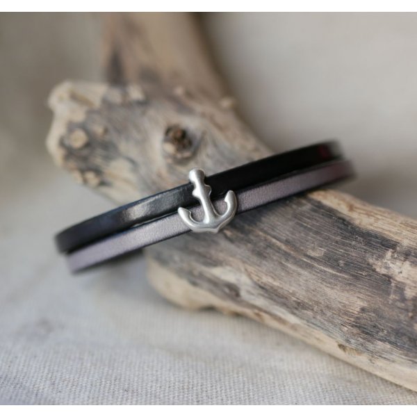 Bracelet duo de cuir décor Ancre Marine gravé personnalisé
