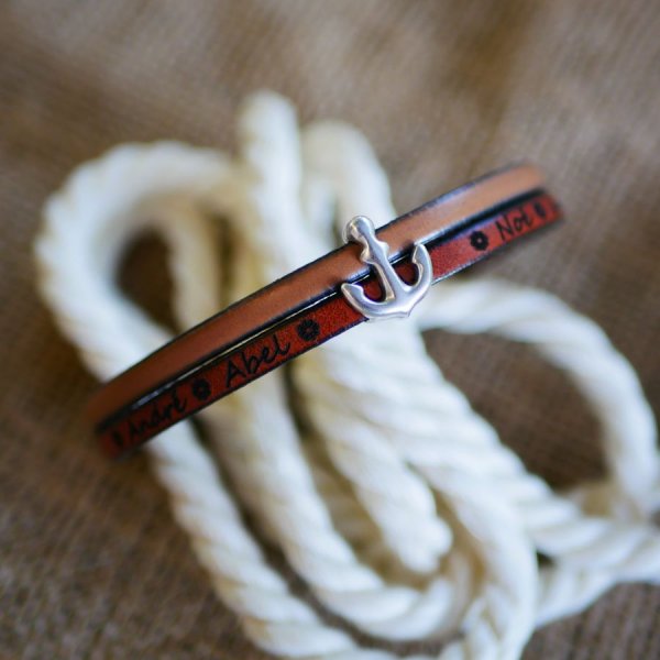 Bracelet duo de cuir décor Ancre Marine gravé personnalisé