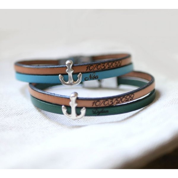 Bracelet duo de cuir décor Ancre Marine gravé personnalisé