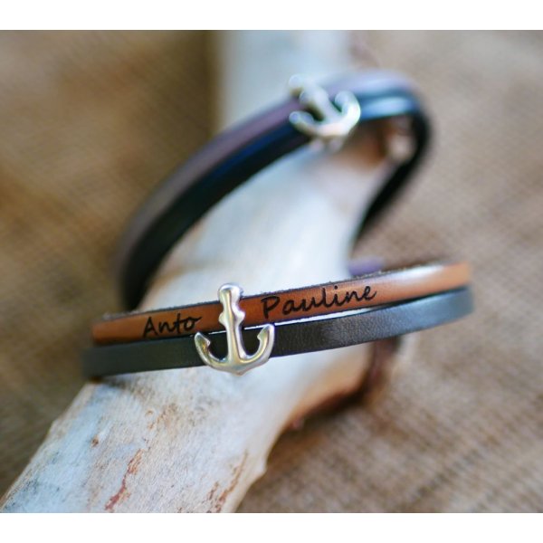 Bracelet duo de cuir décor Ancre Marine gravé personnalisé