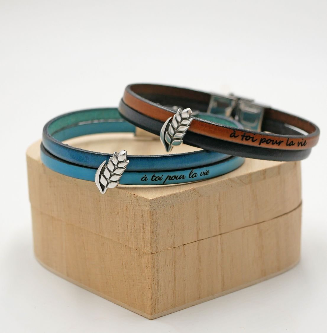 Bracelet duo de cuir et passant Epi de blé personnalisable, noces de froment homme et femme