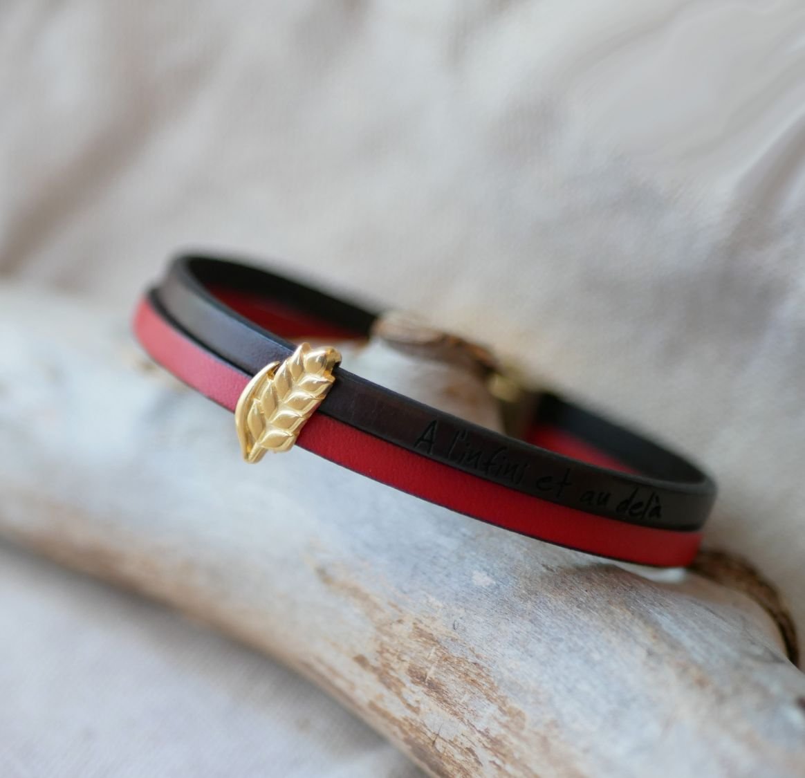 Bracelet duo de cuir et passant Epi de blé doré personnalisable, cadeau noces de froment pour femme